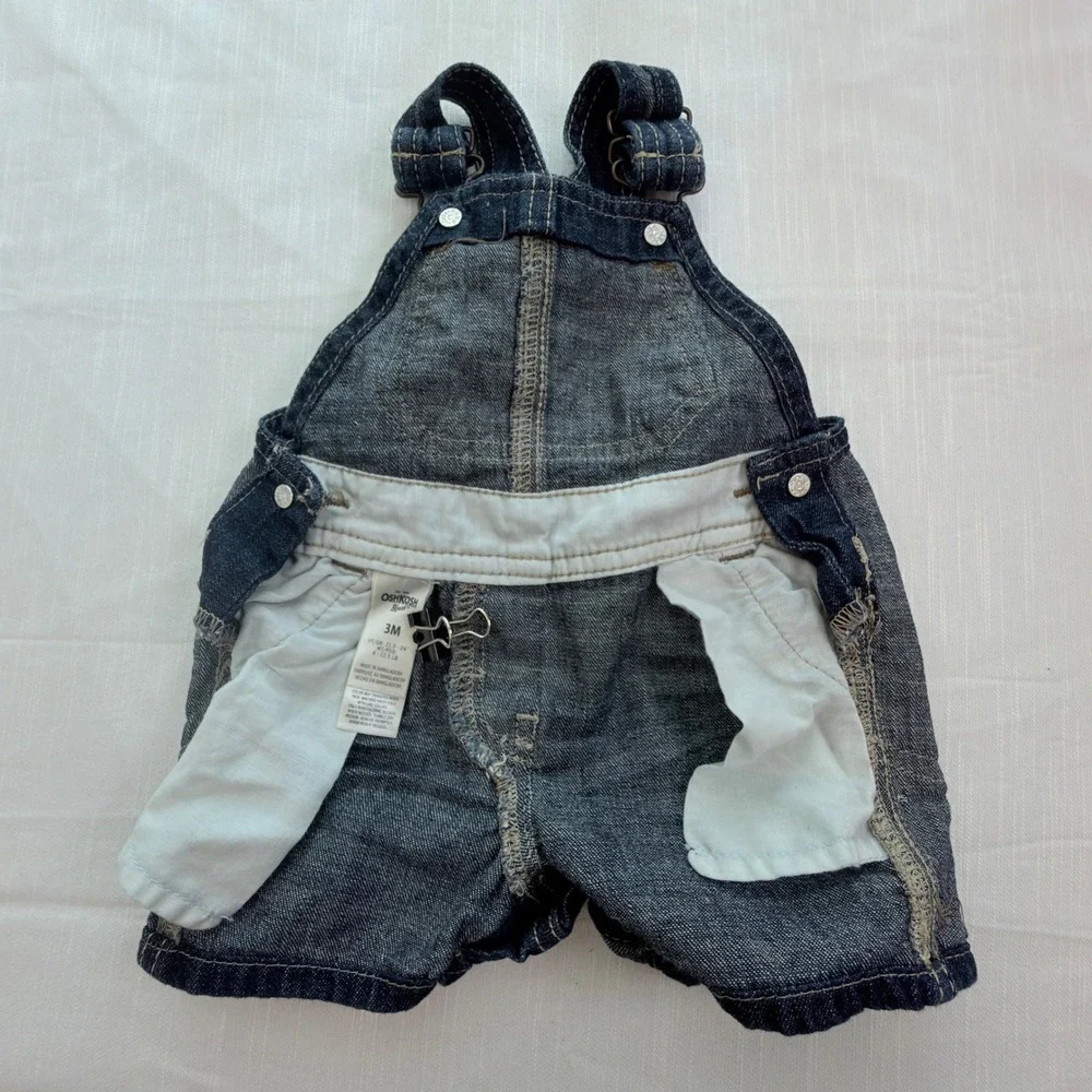 OshKosh B'gosh Denim Shortalls Baby 3M Dark Wash Excellent Vestbak Overalls